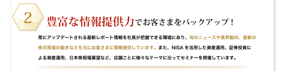 豊富な情報提供力でお客さまをバックアップ!常にアップデートされる最新レポート情報を社員が把握できる環境にあり、旬のニュースや業界動向、最新の株式相場の動きなどを元にお客さまに情報提供しています。また、NISAを活用した資産運用、証券投資による資産運用、日本株相場展望など、店舗ごとに様々なテーマに沿ってセミナーを開催しています。